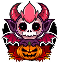 Cute Demon Skull with Pumpkin and Bat Wings – Halloween Vector Illustration