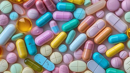 Colorful pills and capsules are arranged in a visually appealing arrangement for medical and healthcare concepts.