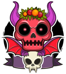 Cute Pink Skull Demon with Wings and Horns Holding a Skull – Halloween Vector