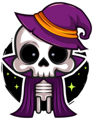 Cute Halloween Skeleton Wizard with Purple Hat – Cartoon Vector Illustration