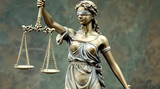 A Lady Justice statue, draped and blindfolded, holds balancing scales. The image embodies law, equality, and impartial legal systems. It stands against an indistinct background.