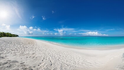 Fototapeta premium panoramic view of beautiful beach with white sand and clear blue water under sunny sky creating serene and inviting atmosphere