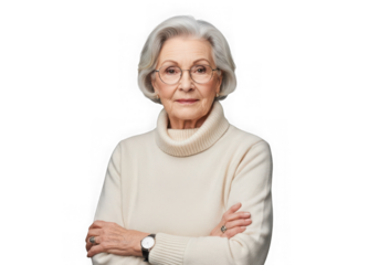 Portrait of a smiling senior woman with gray hair and glasses wearing a turtleneck sweater