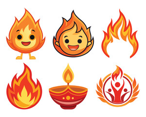 A vibrant vector set of hot fire flames, icons, and symbols for a burning design illustration