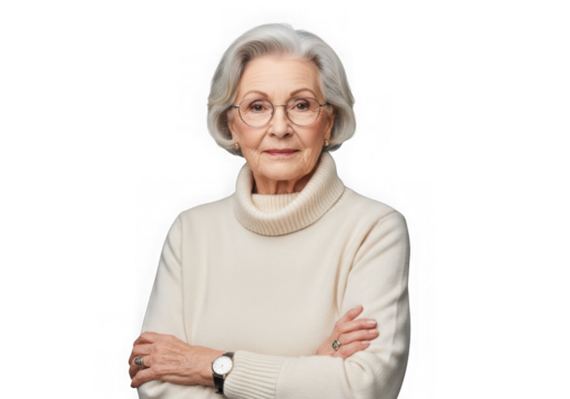 Portrait of a smiling senior woman with gray hair and glasses wearing a turtleneck sweater - Powered by Adobe