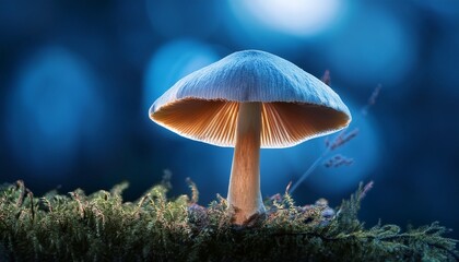 fungal computing design mushroom with dynamic movement effect against a blurred blue background