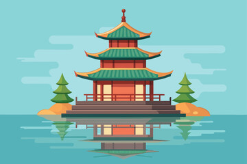Fototapeta premium Realistic Simple Vector Style Pagoda With Calm Water