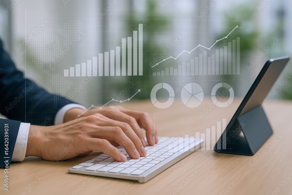 Poster Business Analysis with Digital Graphs: Man Typing on Keyboard with Tablet for Data Insights