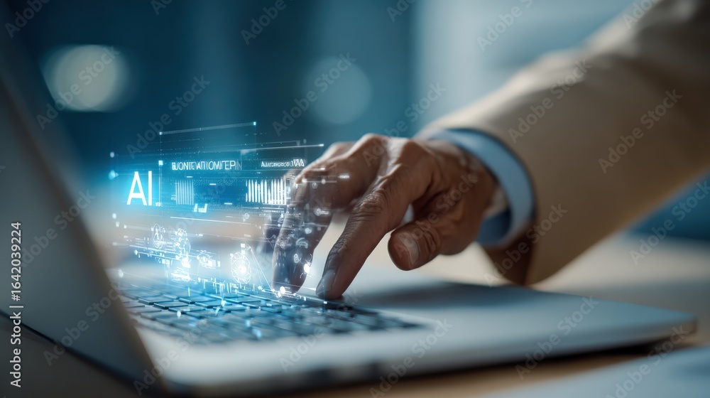 Poster ai technology integration: businessman using laptop with holographic interface for advanced data ana