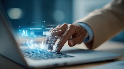AI Technology Integration: Businessman Using Laptop with Holographic Interface for Advanced Data Analysis and Business Intelligence