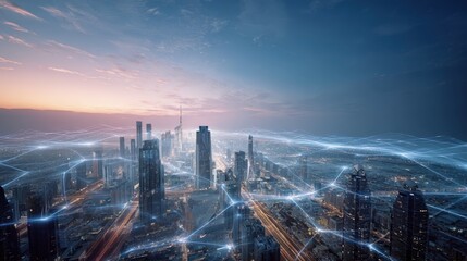 Futuristic Cityscape with Network Connections at Dusk, Representing Technology, Communication, and Innovation