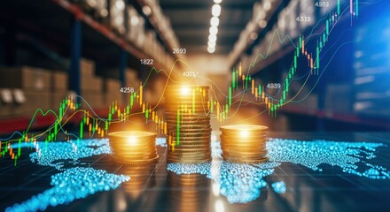Global Economy Growth: Coins Stacked on World Map with Bull Market Chart Overlay in Warehouse Setting