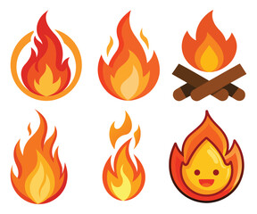 Fire flames icon set with burning and blazing symbols in orange and yellow tones
