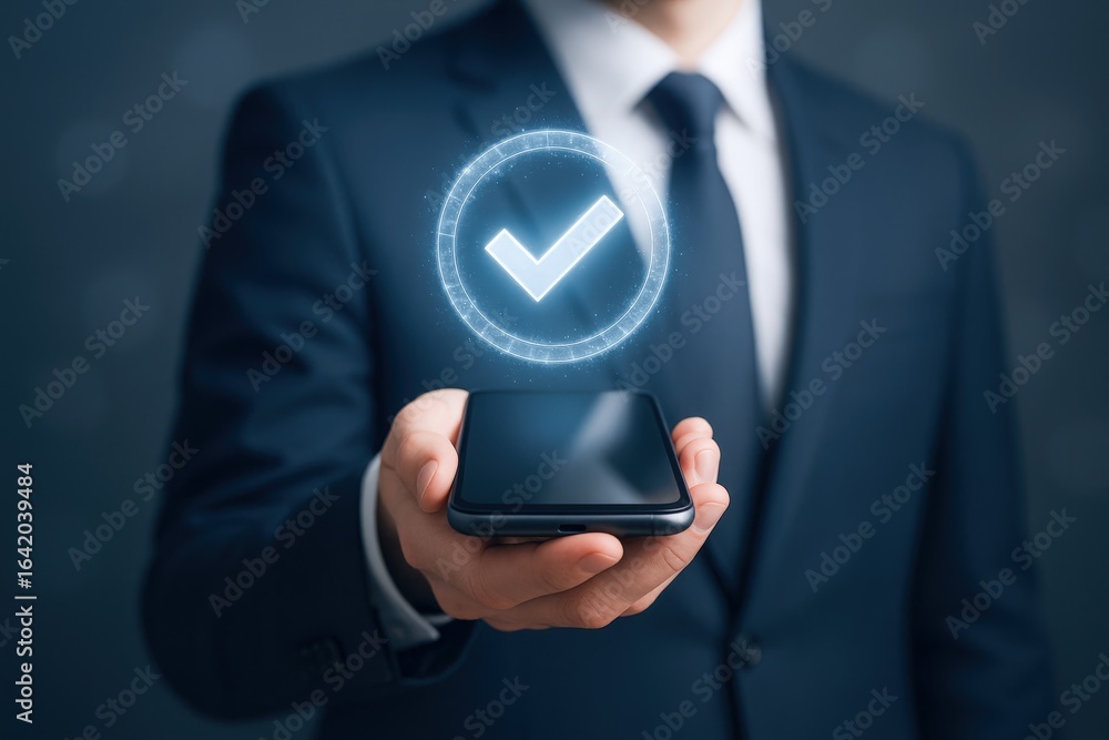 Poster businessman holding smartphone with digital checkmark displayed, symbolizing approval, verification,