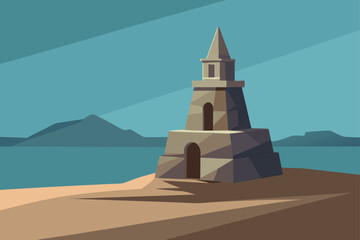Naklejka premium Soft Shadow Vector Style Stone Tower With Horizon