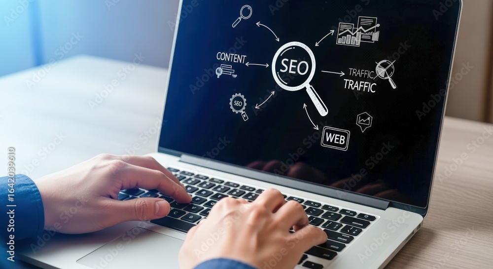Poster seo optimization strategy displayed on laptop screen with user interaction, illustrating online busi