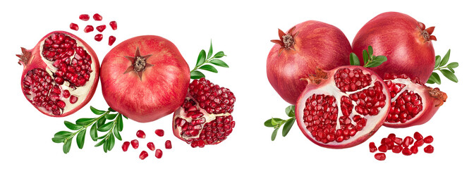 Pomegranate isolated on white background with  full depth of field. Top view. Flat lay