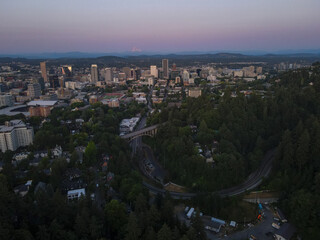 Aerial landscape of Washington Park garden and Portland city scape at summer sunset in Oregon