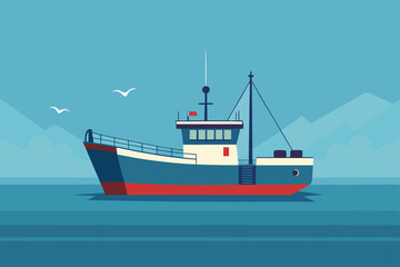 Subtle Texture Vector Style Fishing Boat With Horizon