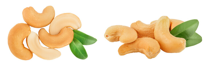 Roasted Cashew nuts isolated on white background with  full depth of field. Top view. Flat lay