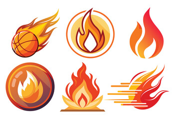 Fiery Expressions: A vivid array of six dynamic flames in diverse shapes and styles, each representing burning passion and creative energy, suitable for a range of graphic applications.