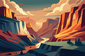 Vintage Landscape Canyon Background With Layered Shapes