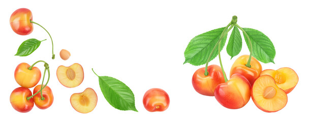 yellow-red sweet cherry isolated on white background. Top view with copy space for your text. Flat lay