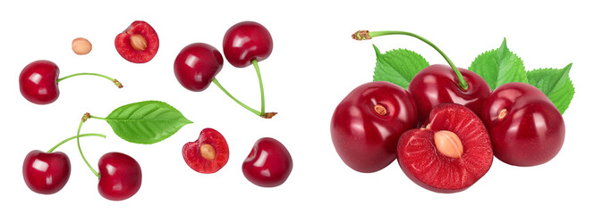 red sweet cherry isolated on white background  . Top view. Flat lay