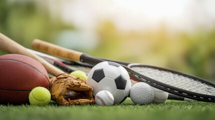 Assorted Sports Equipment on Green Grass: Active Lifestyle and Recreational Activities Outdoors