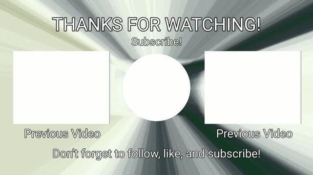 
An animated end screen template featuring two previous video placeholders, a subscribe button, and call to action text on a dynamic, abstract green and white background. - Powered by Adobe