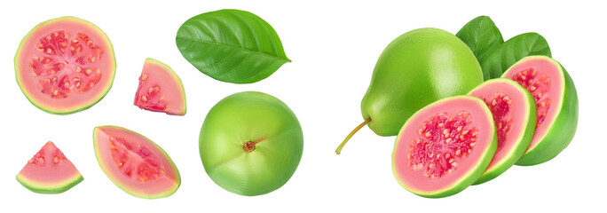 Guava fruit with slices isolated on white background with  full depth of field. Top view. Flat lay