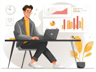 Fototapeta premium Automated reporting and business intelligence. Data automation and dashboards. Businessman using laptop computer to generate and monitor real-time reports. See Less