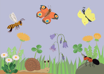 Vector cartoon flat illustration of a beautiful spring meadow with butterflies and florwers.