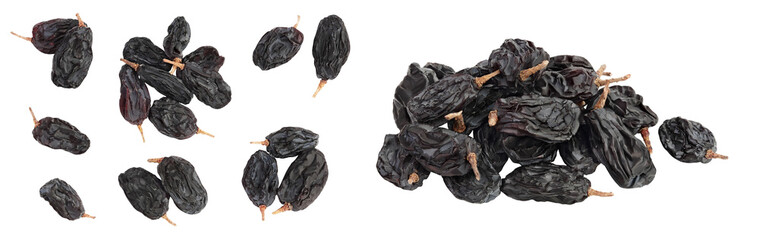Black raisin isolated on white background . Top view. Flat lay