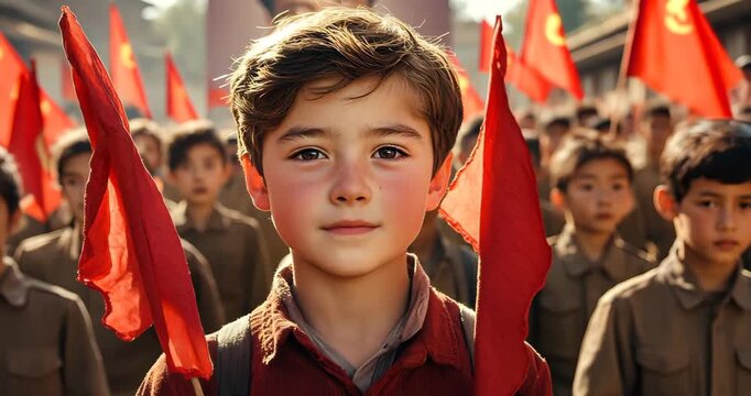 A young boy stands solemnly amidst a crowd, holding a communist flag during a parade.