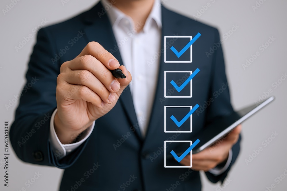 Poster business professional completing digital checklist on tablet for project management and task executi