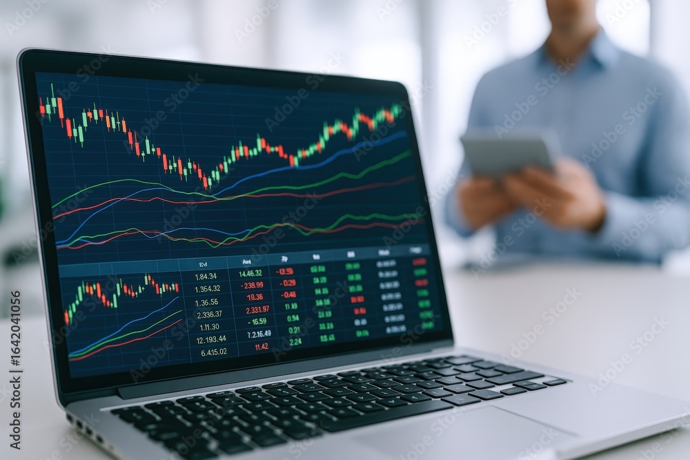 Aufkleber stock market analysis displayed on laptop screen with trader analyzing data in the background