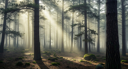 Fototapeta premium Sunbeams filtering through a misty pine forest woods
