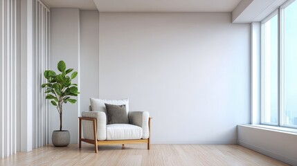 Modern Living Room Interior with Armchair, Plant, and Natural Light for Minimalist Home Design