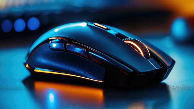 A sleek and modern black and blue gaming mouse with LED lighting effects, high precision sensor, silent buttons, RGB illumination and advanced ergonomic design.