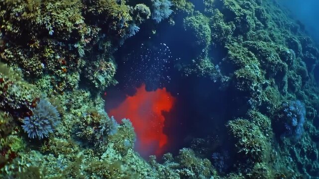 Underwater hydrothermal vent with vibrant red discharge