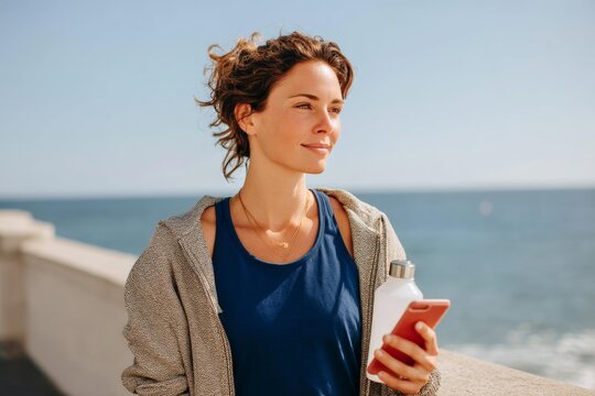 Young Woman Relaxing by the Seaside with a Water Bottle and Phone
