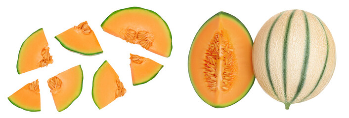 Cantaloupe melon slices isolated on white background with full depth of field. Top view. Flat lay