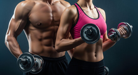 Male and female fitness models showing their muscular bodies and holding dumbbells against a dark studio background. A concept of strength, bodybuilding, and workout performance