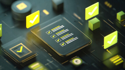 Digital checklist with tick marks for verification and compliance in technology.