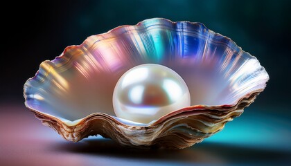 a breathtaking iridescent pearl nestled inside a beautifully opened oyster shell on a soft background