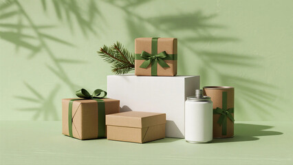 Festive Gift Boxes with Green Ribbons and Pine Decoration