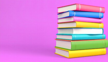 A stack of colorful books with varying shades sits on a plain purple background.