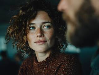 Two coworkers exchanging a somber glance in a plain office setting