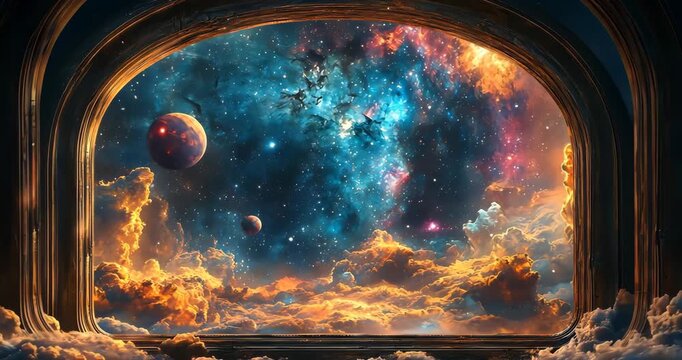 Static shot: A majestic view of colorful nebula and planets through an arched window in space.